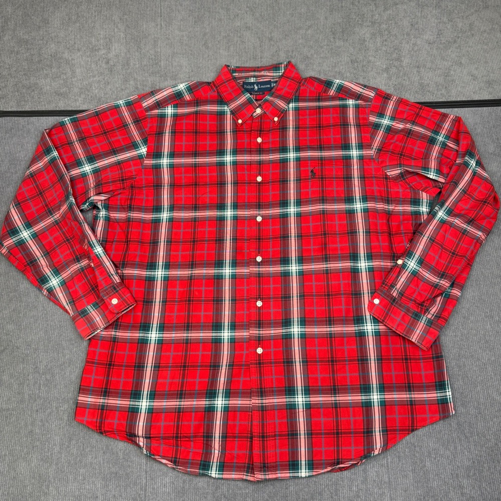 Vintage Polo Ralph Lauren XL Red Plaid Classic Fit Button Down Shirt Long Sleeve